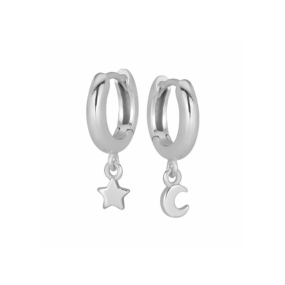 Land of Salt- Star and Moon Huggie Hoop Earrings in Silver