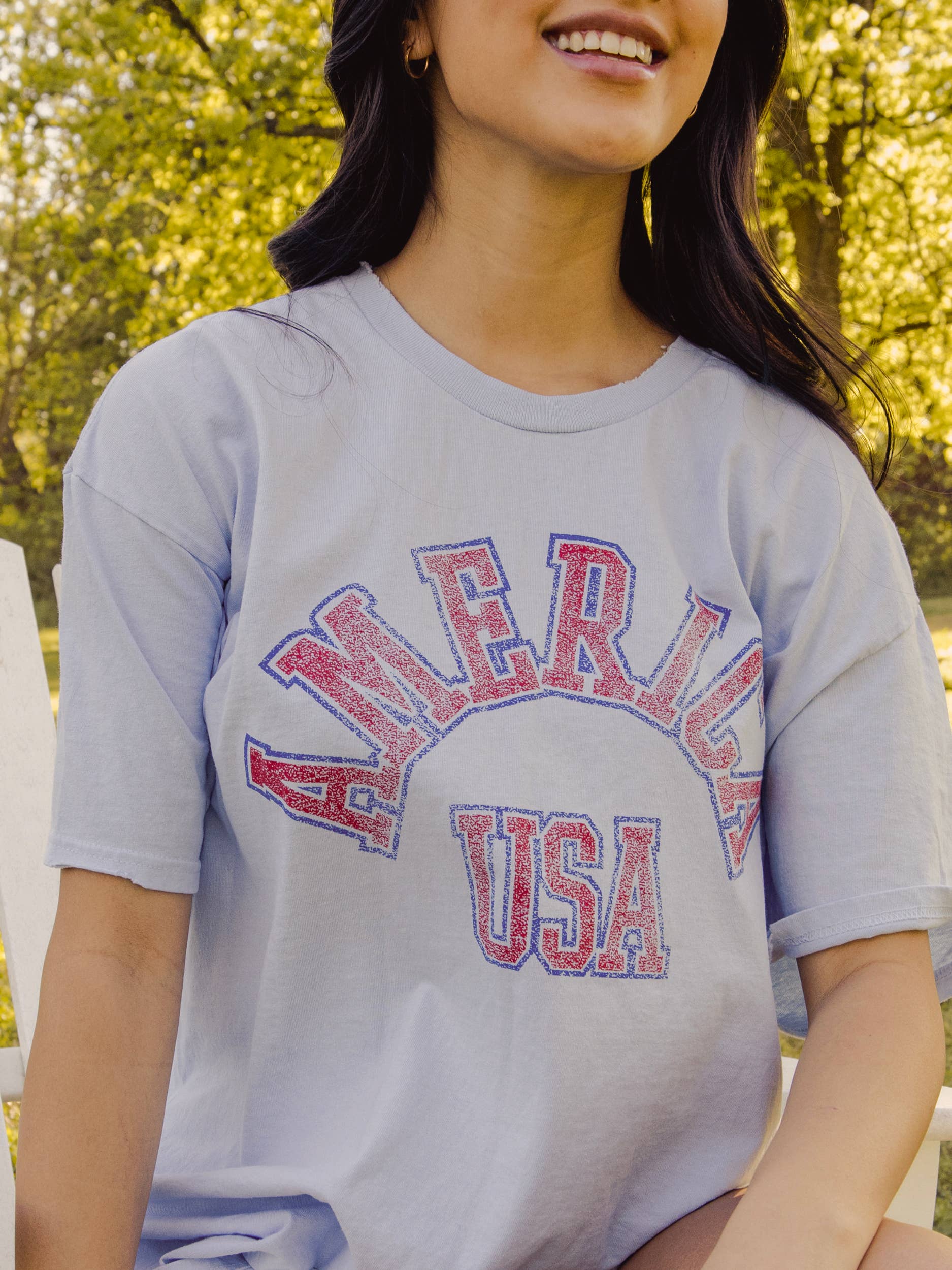 LivyLu- 4th of July America Mega Arch Lt. Blue Thrifted Graphic Tee