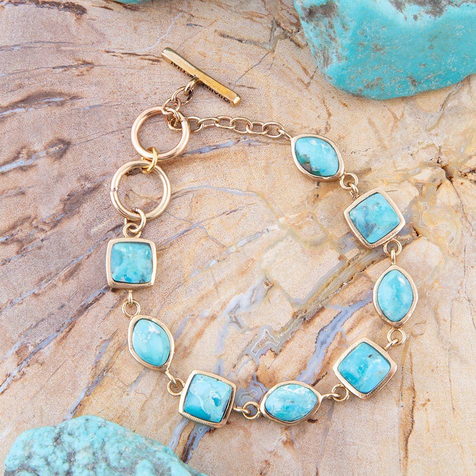 Barse Jewelry- Genuine Blue Turquoise Hammered Golden Link Bracelet