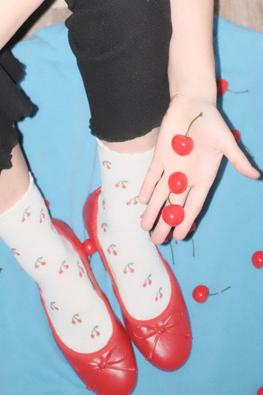 First Summer- Red Cherry Print Ruffle textured Crew Socks