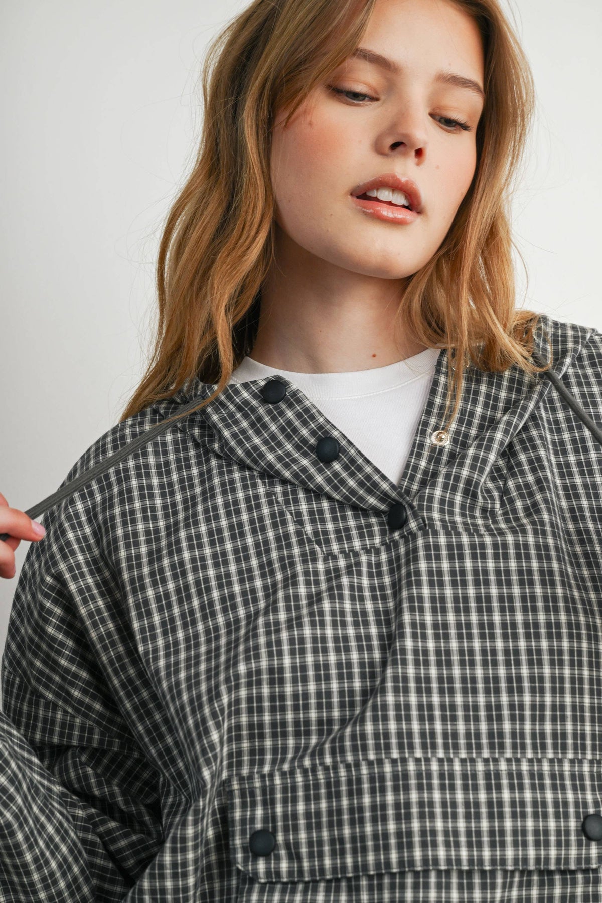 BUTTERMELON- Check Hooded Anorak Top