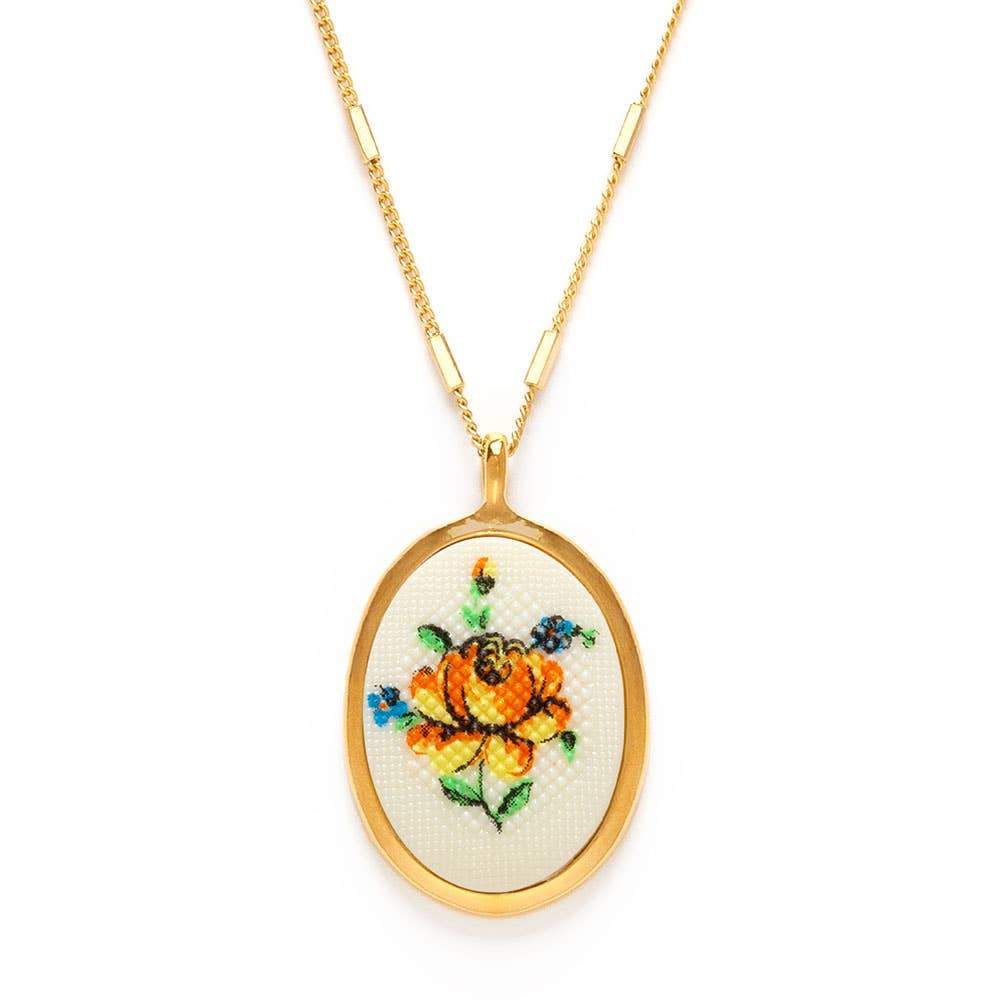 Amano Studio- Needlepoint Yellow Flower Vintage Cameo Necklace