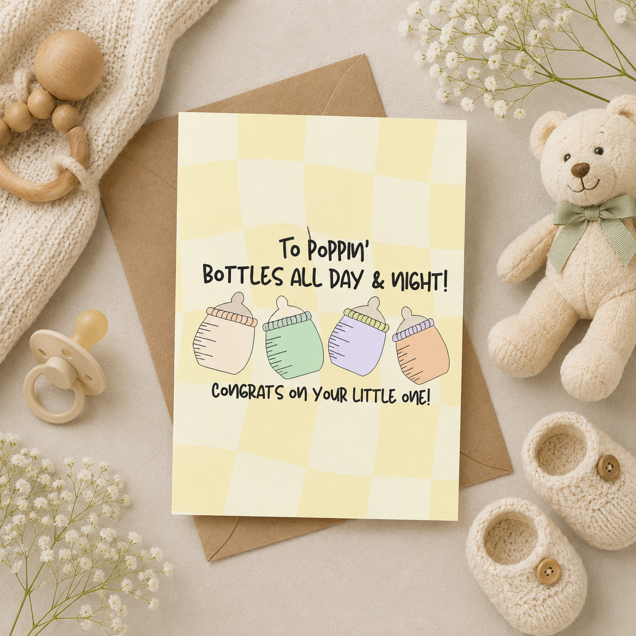 Chika Paper Studio- Baby Shower Greeting Card-To Poppin' Bottles All Day & Night