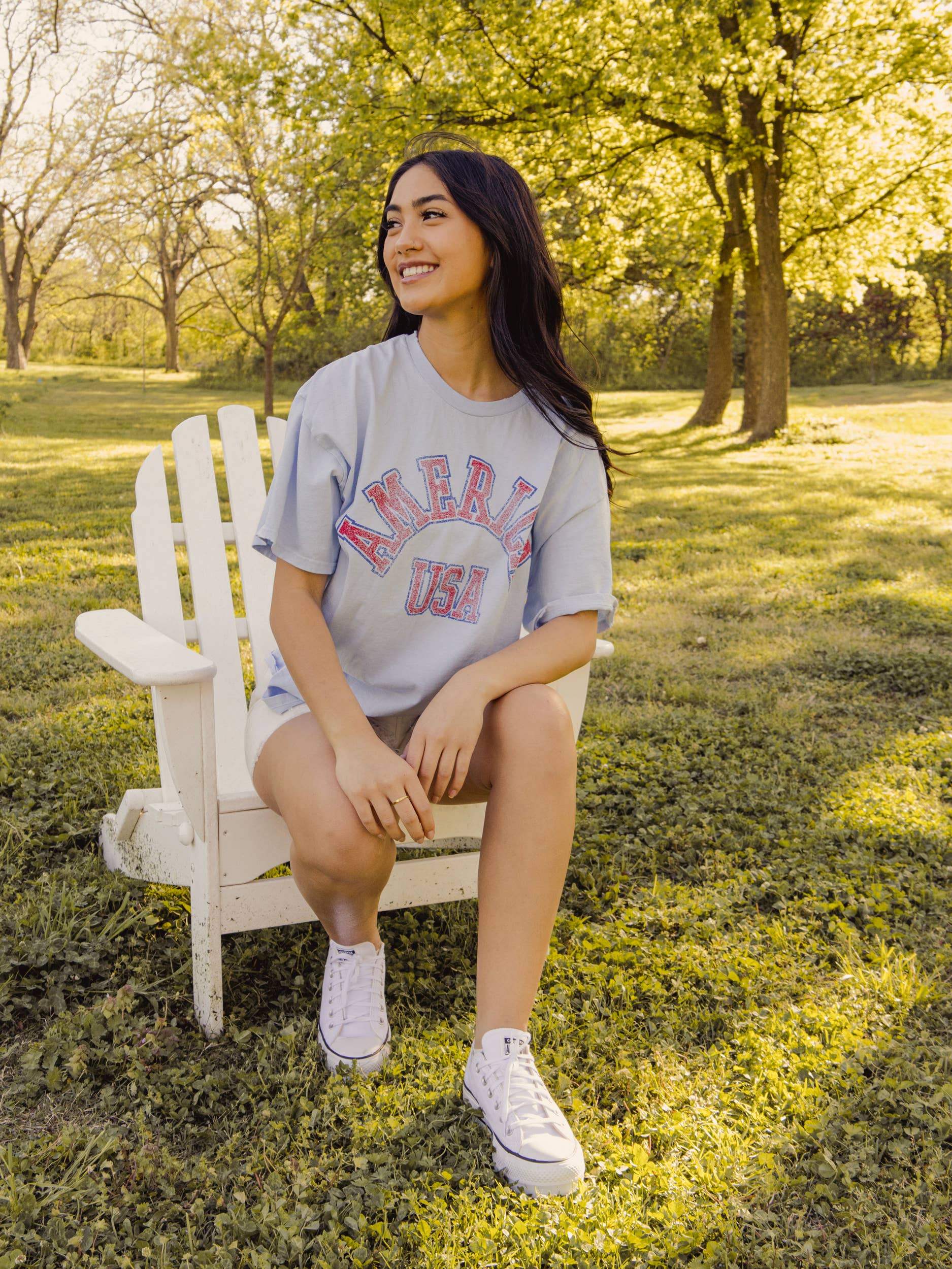 LivyLu- 4th of July America Mega Arch Lt. Blue Thrifted Graphic Tee