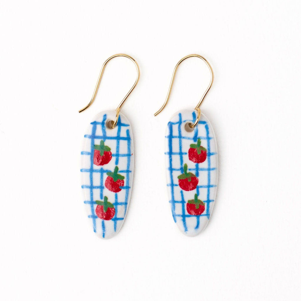 INK + ALLOY- Danielle Oval Ceramic Earrings With Tomatoes + Blue Plaid Wholesale