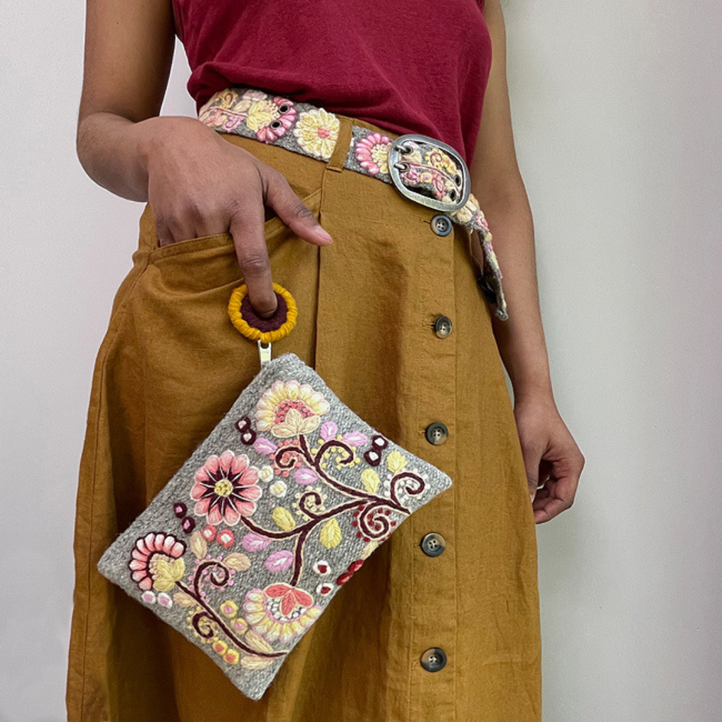 Jenny Krauss- Heather Gray Embroidered Wool Pouch