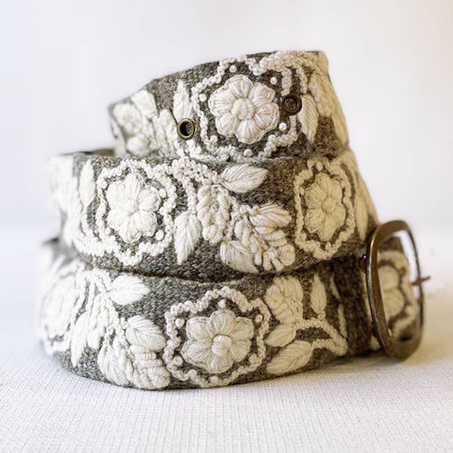 Jenny Krauss- Two-Tone Embroidered Wool Belt, Heather/Cream