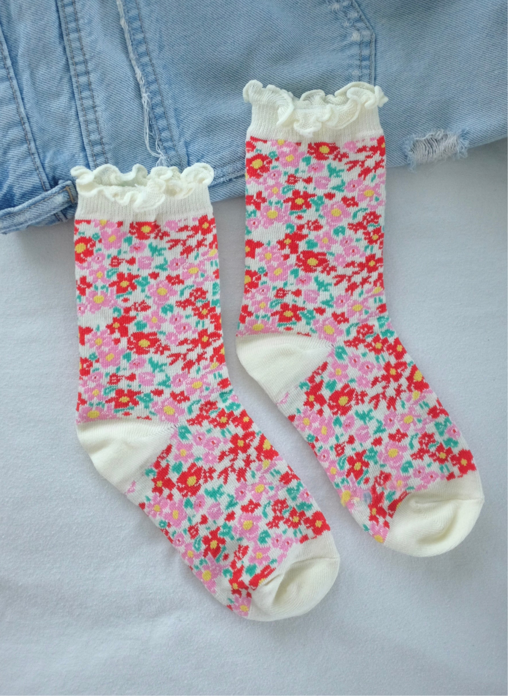 First Summer- Pink Red Floral Whimsical Ruffle Crew Socks
