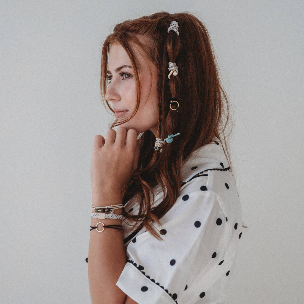 K'lani- "Flirt" Polka Dot in Cream & Black with Green Accent Hair Tie Bracelets