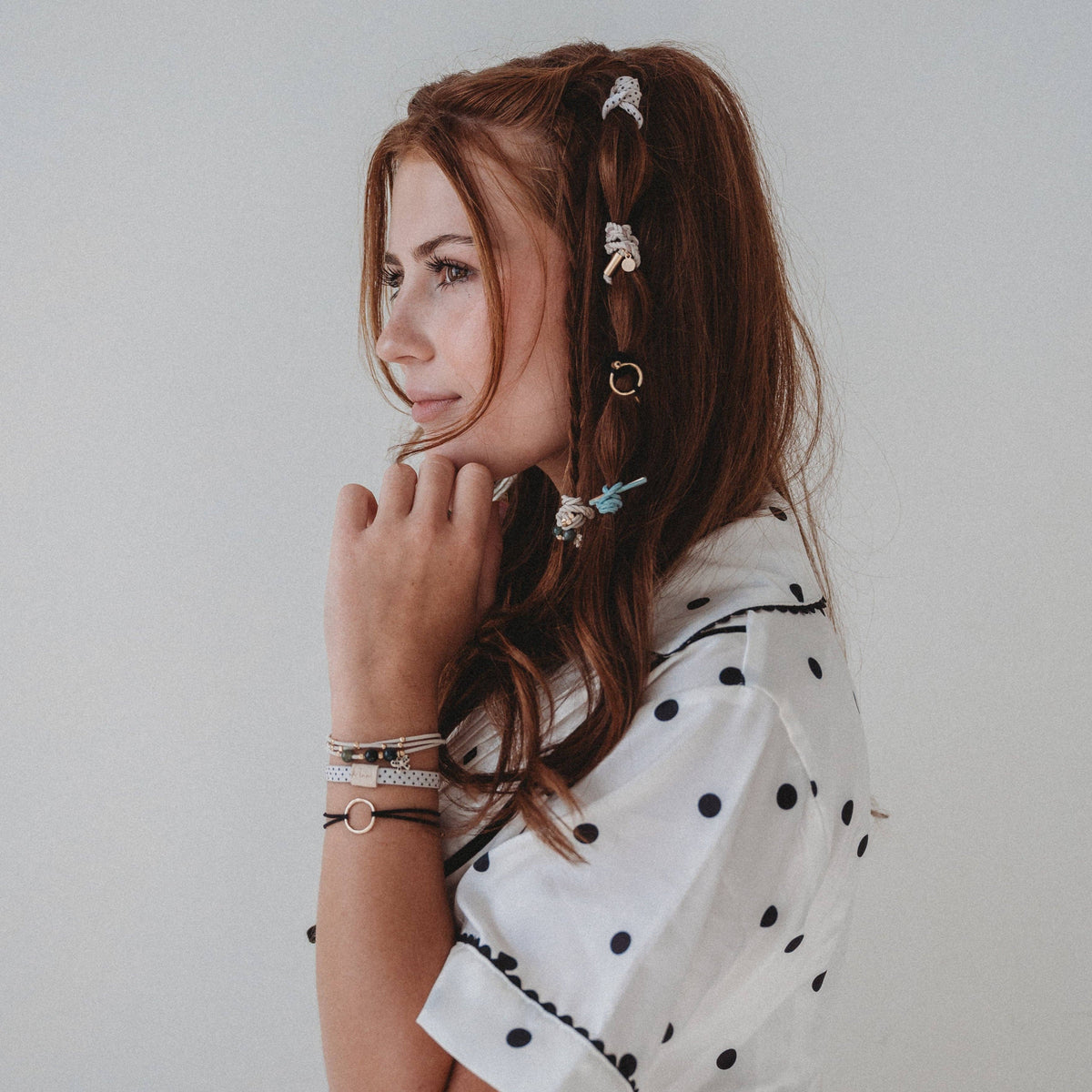 K'lani- "Flirt" Polka Dot in Cream & Black with Green Accent Hair Tie Bracelets