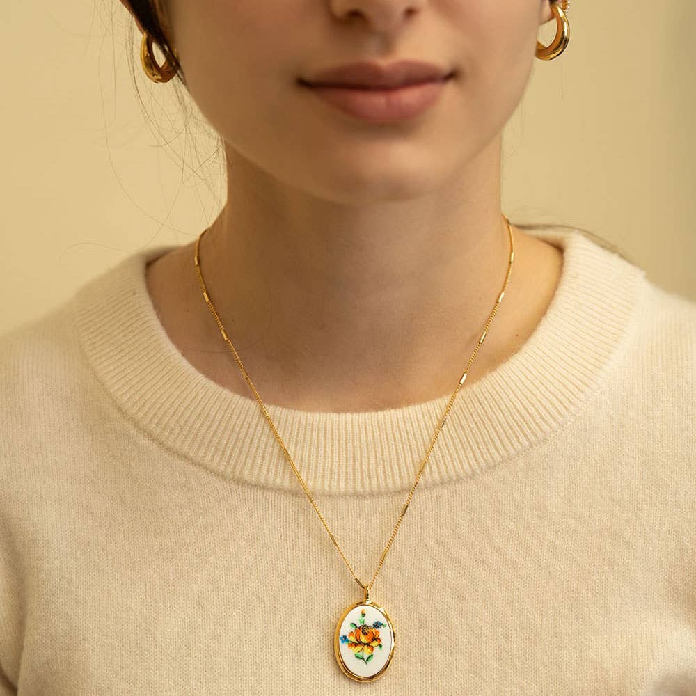Amano Studio- Needlepoint Yellow Flower Vintage Cameo Necklace
