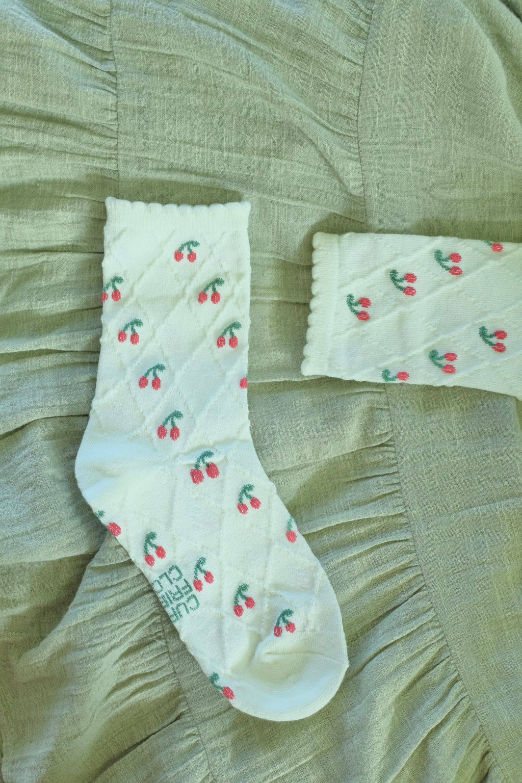 First Summer- Red Cherry Print Ruffle textured Crew Socks