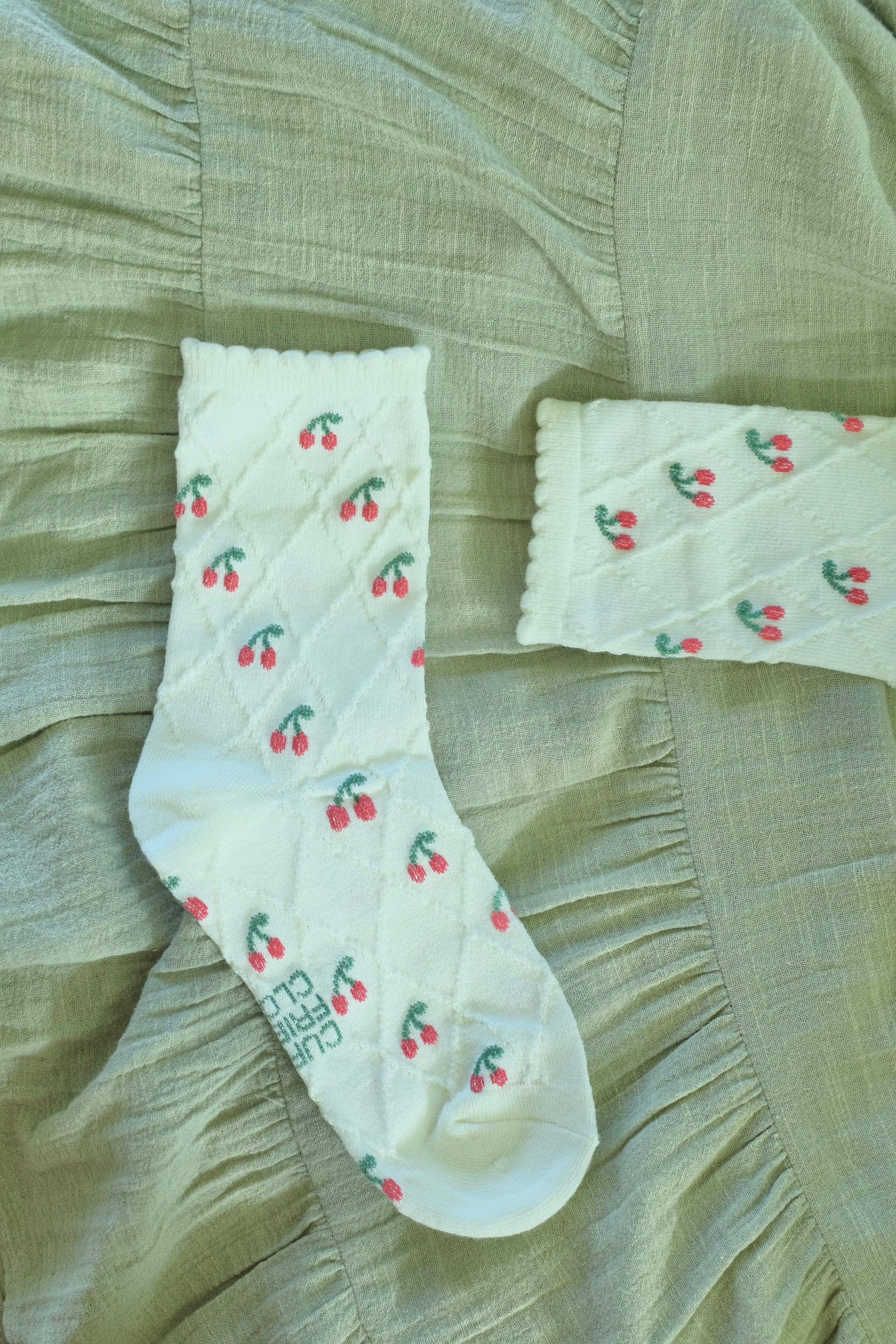 First Summer- Red Cherry Print Ruffle textured Crew Socks