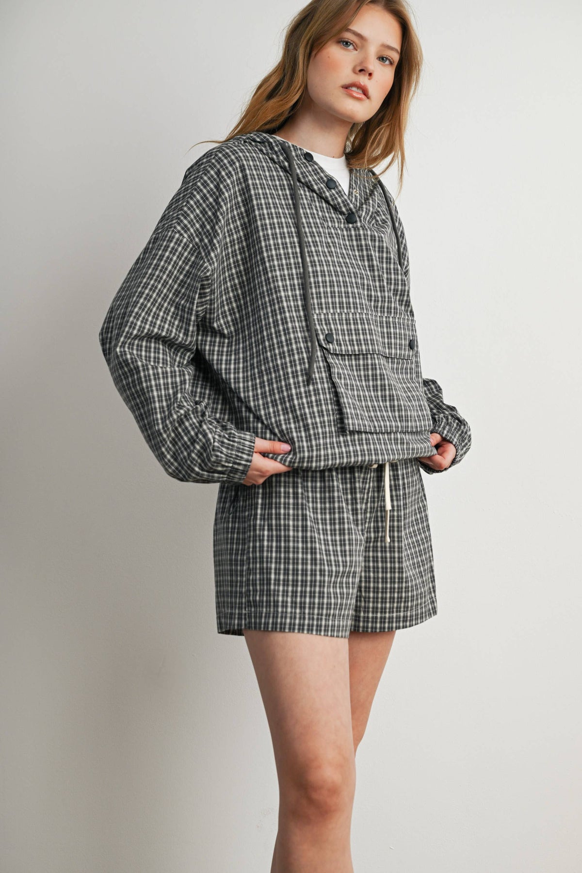 BUTTERMELON- Check Hooded Anorak Top