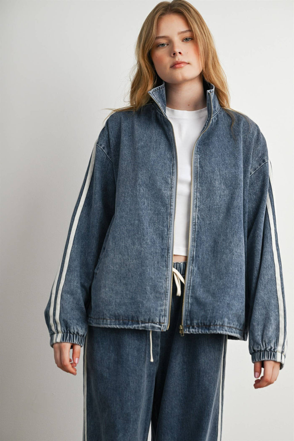 BUTTERMELON- Oversized Denim Zip-Up Track Jacket