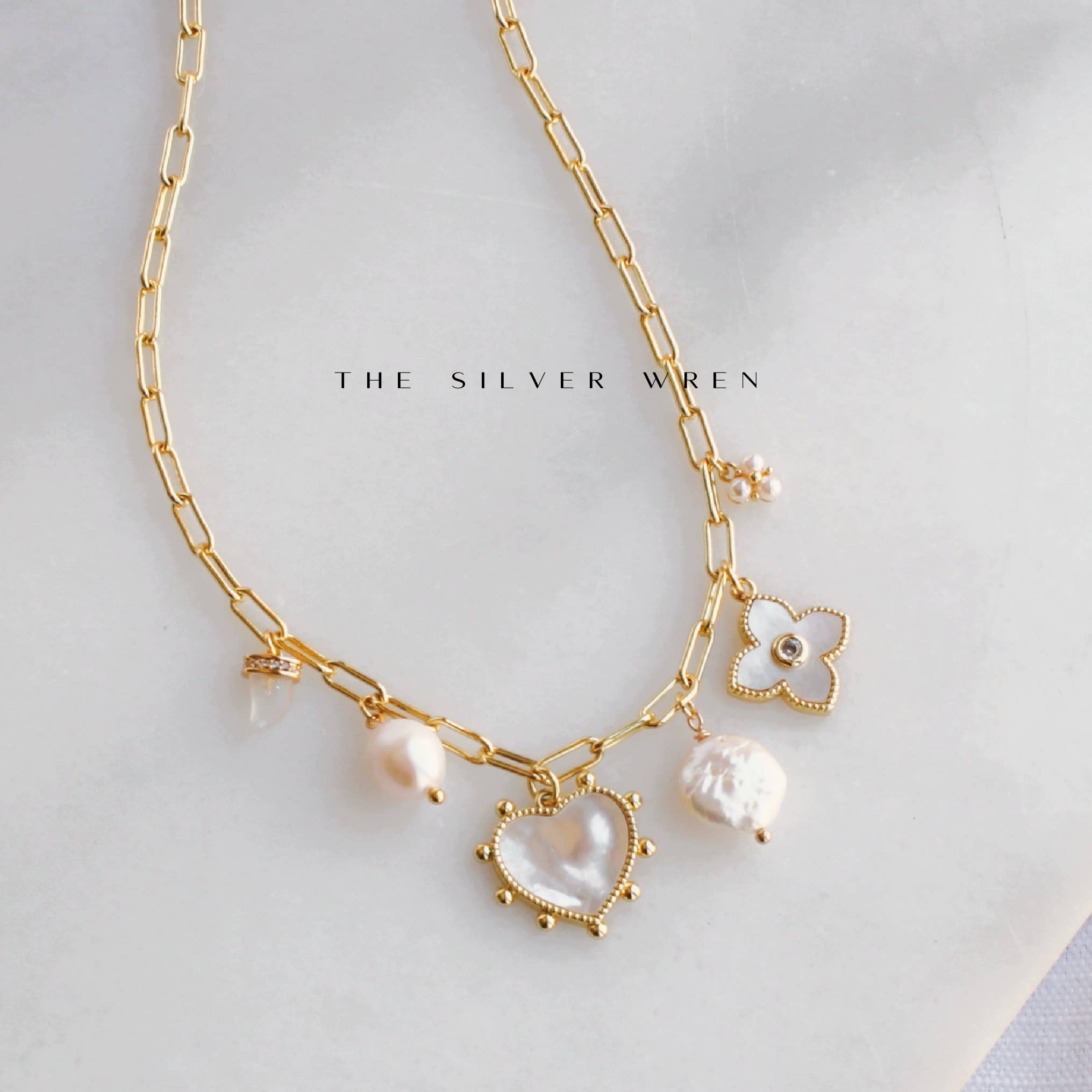 The Silver Wren- Pearl Multi Charm Necklace