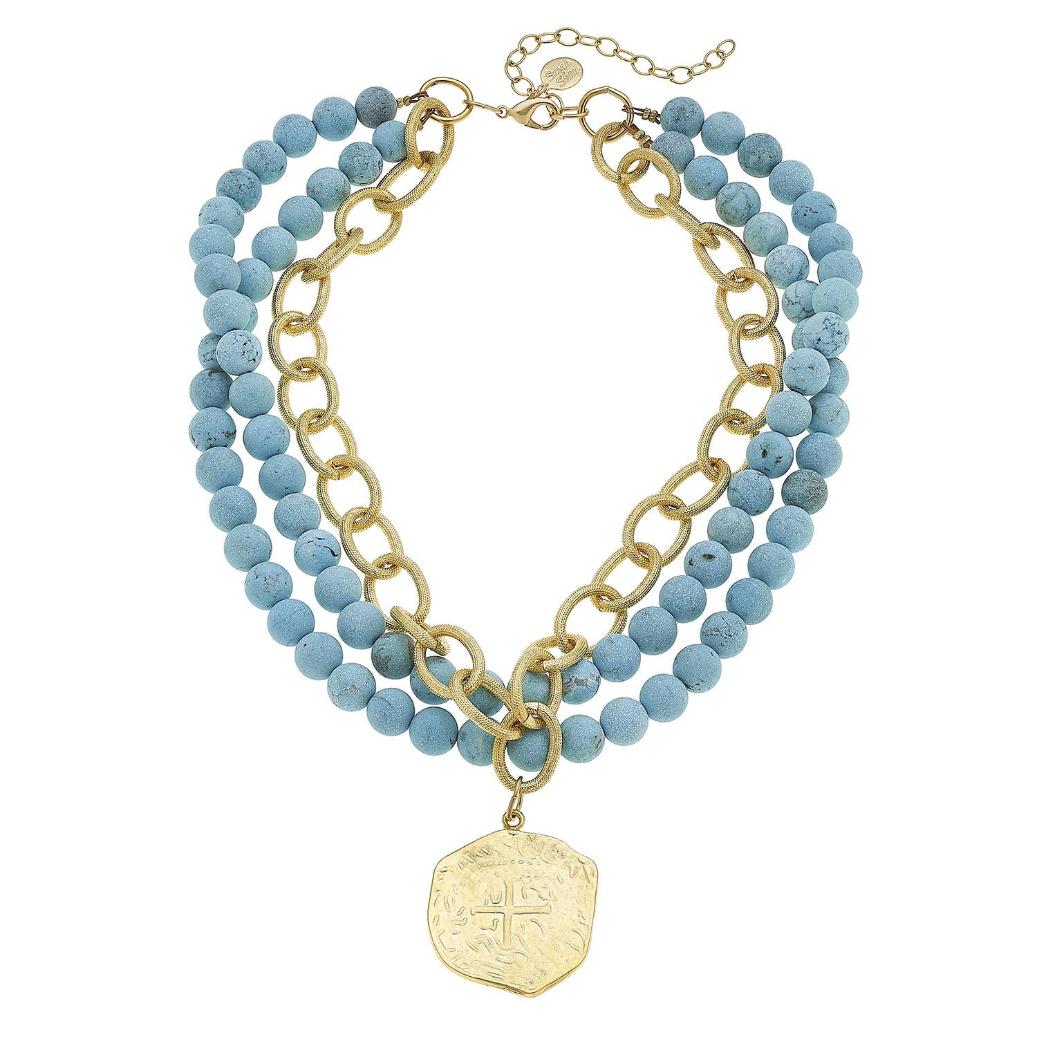 Susan Shaw- Gold Coin on 3 Row Genuine Matte Turquoise Necklace