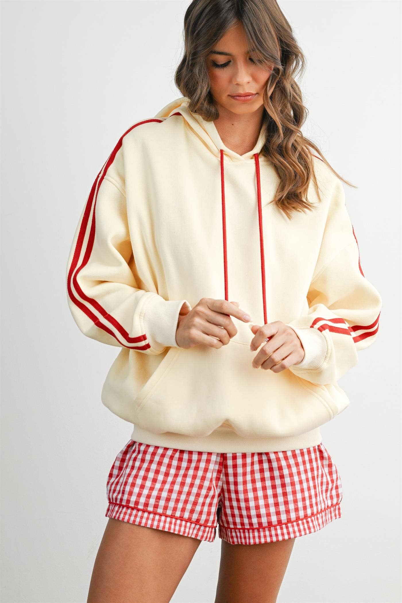 BUTTERMELON- Contrast Striped  Drawstring Hoodie