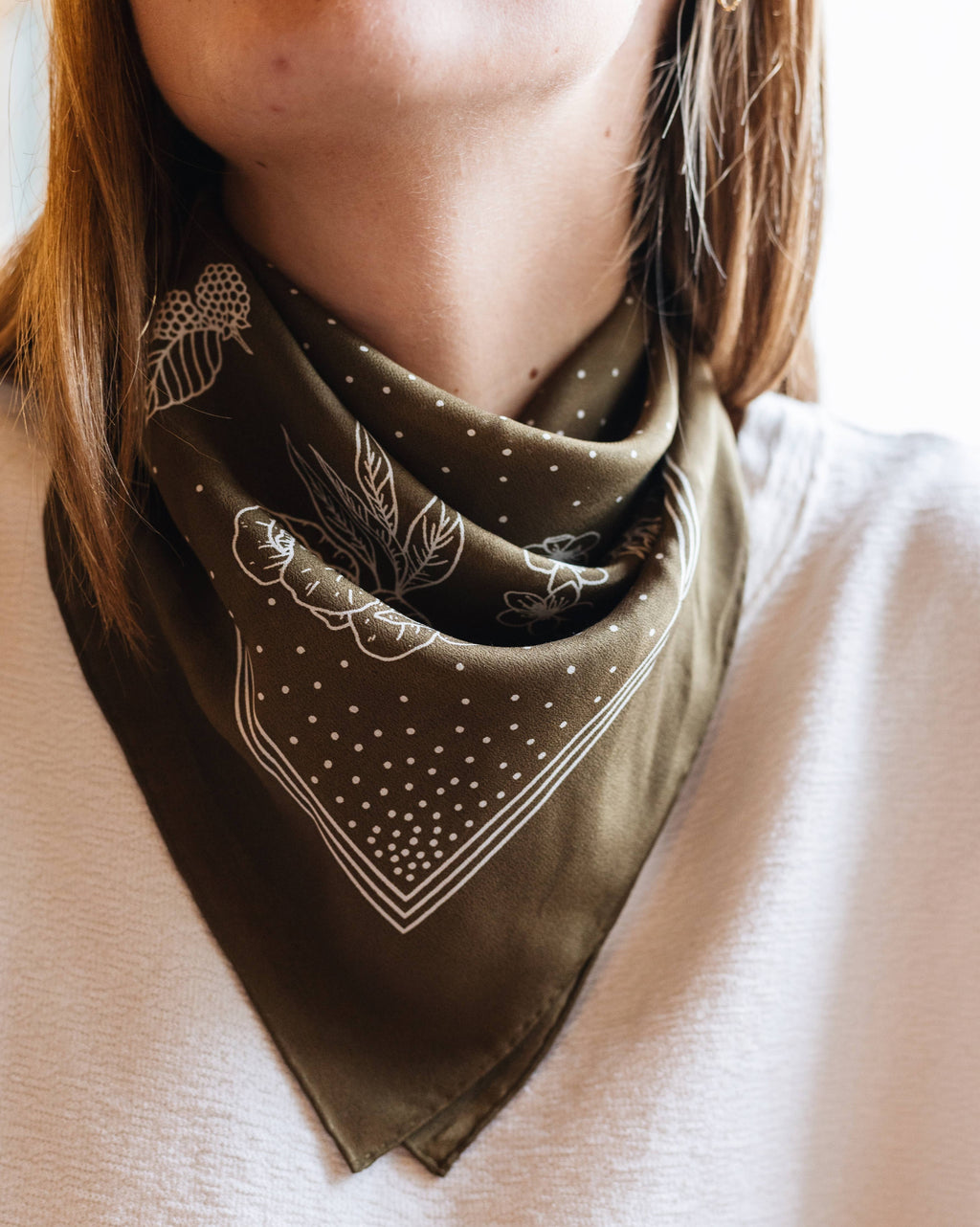 Flora West Design- 100% Silk Bandana Scarf - Classic Deep Olive Floral Western