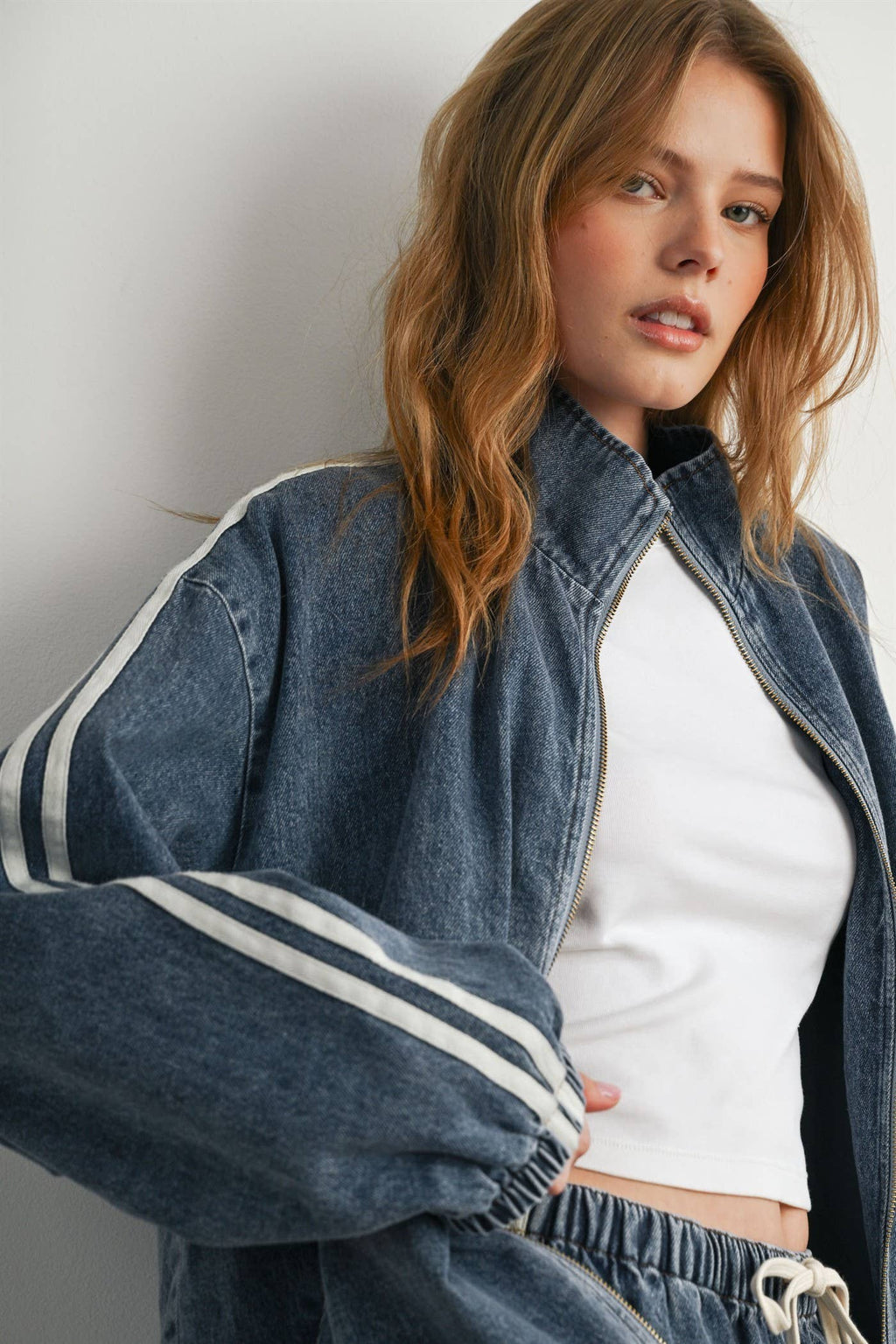 BUTTERMELON- Oversized Denim Zip-Up Track Jacket