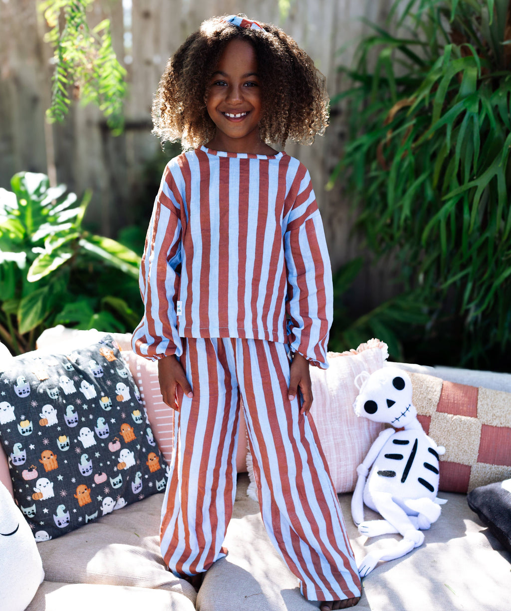Minimalist Folk Co.- MAYA SET | 2 PIECE OUTFIT | RUSTY + BLUE STRIPES | GIRLS