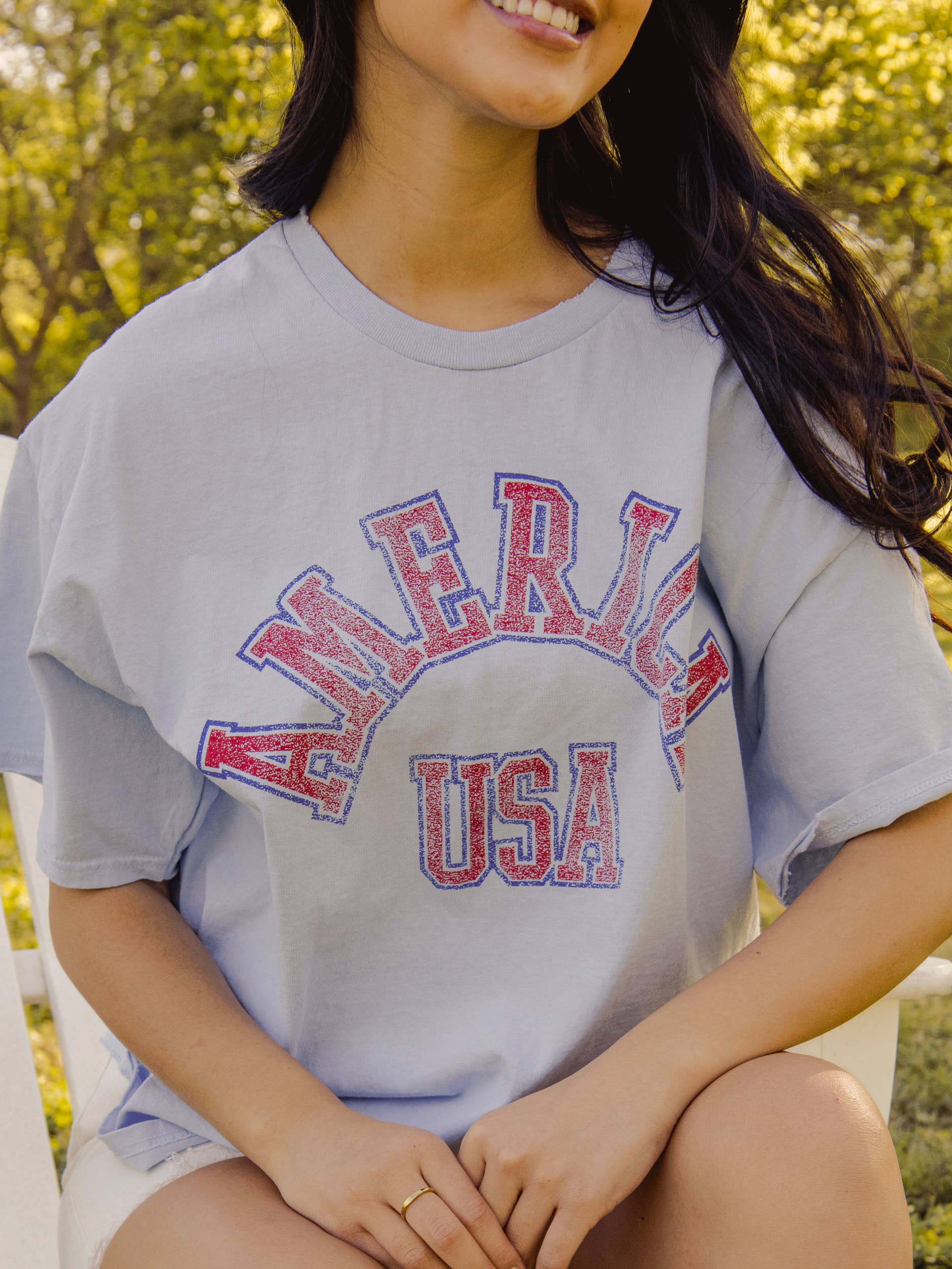 LivyLu- 4th of July America Mega Arch Lt. Blue Thrifted Graphic Tee