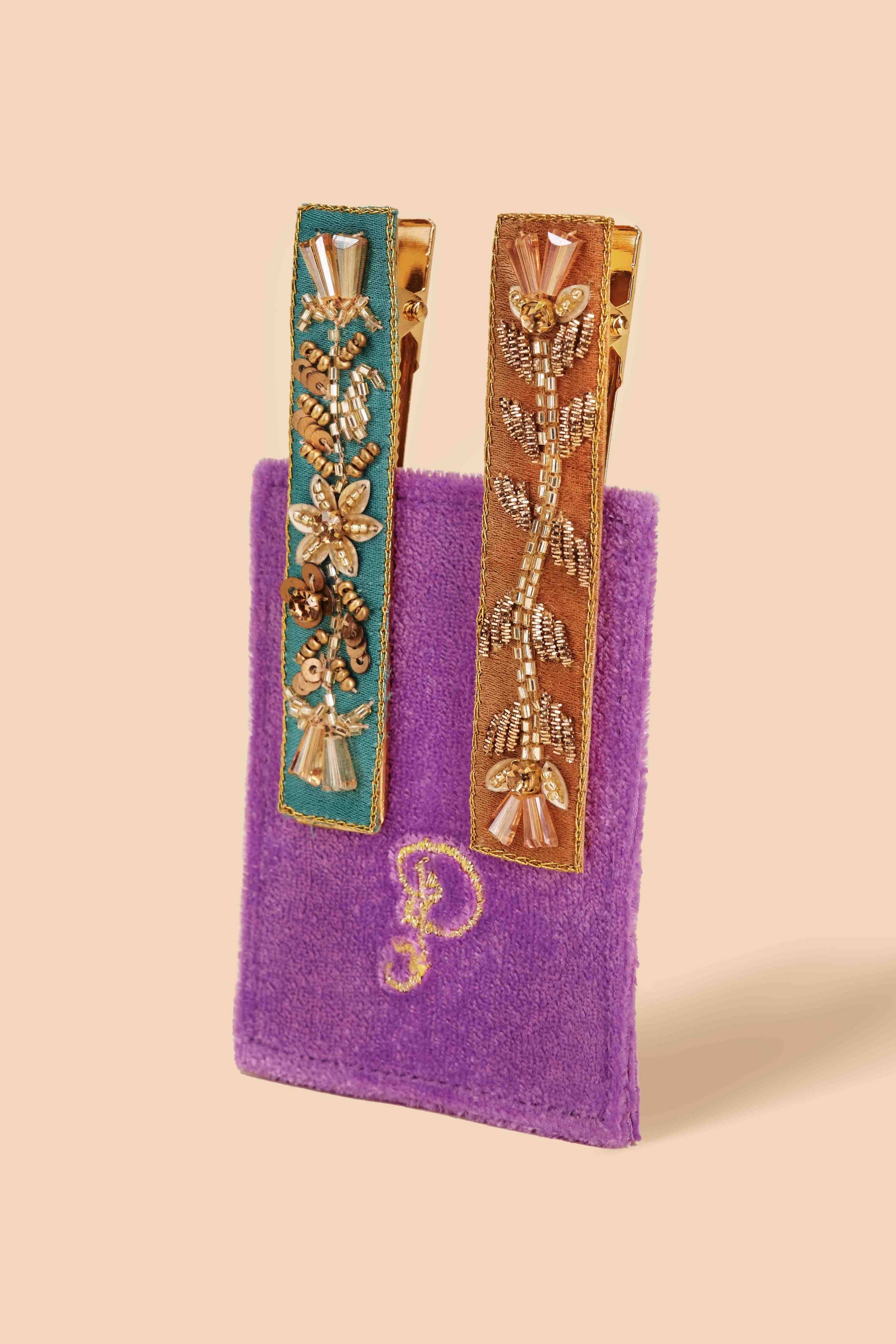 Powder- Floral Vines Narrow Jewelled Hair Bar (Set of 2)