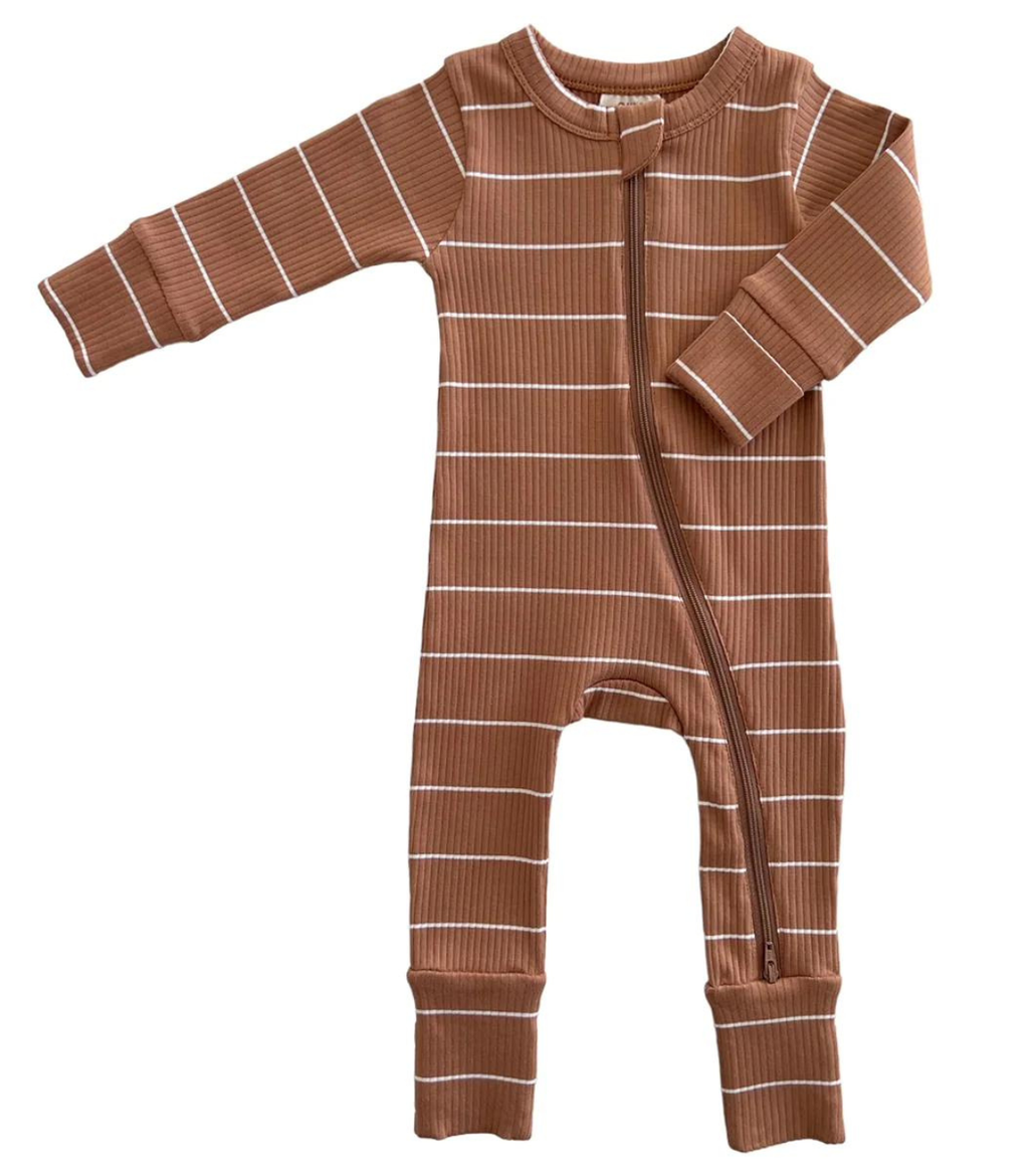 SIIX Collection- Saddle Stripe / Organic Ribbed 2-Way Zip Romper