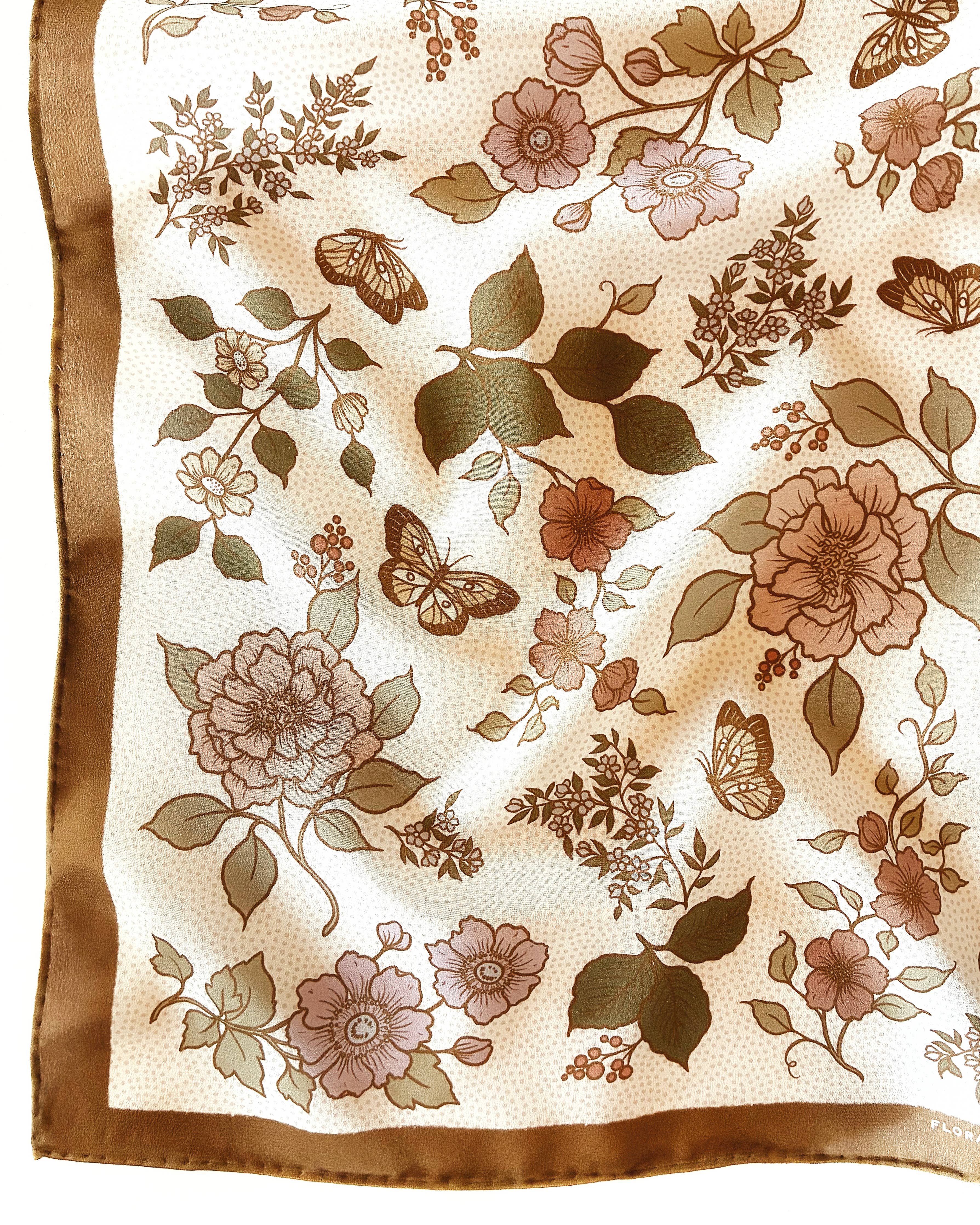 Flora West Design- 100% Silk Bandana Western Floral & Butterfly  – 23” Square