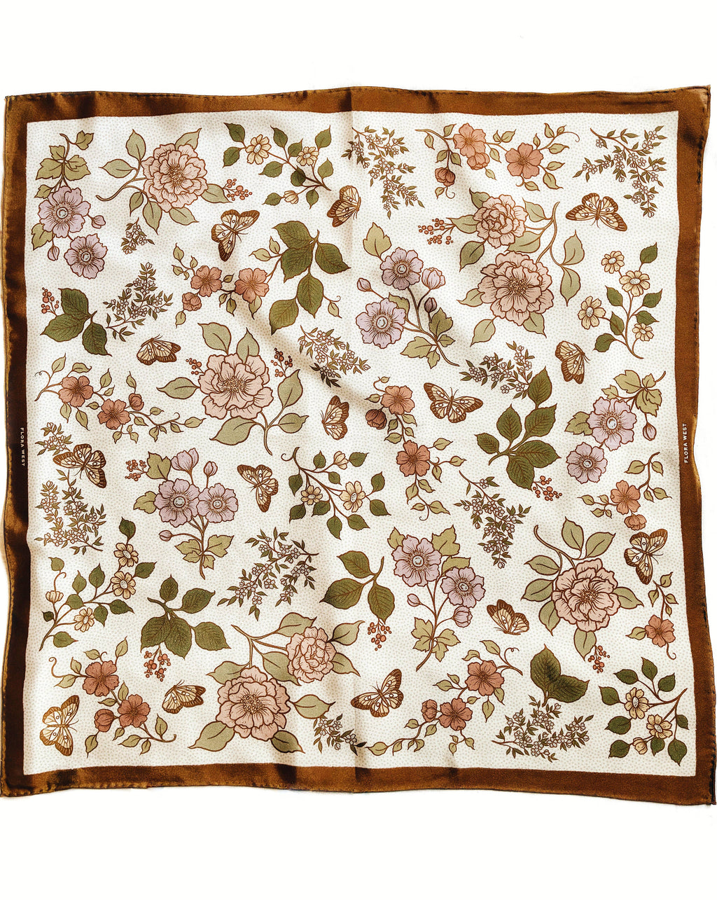 Flora West Design- 100% Silk Bandana Western Floral & Butterfly  – 23” Square