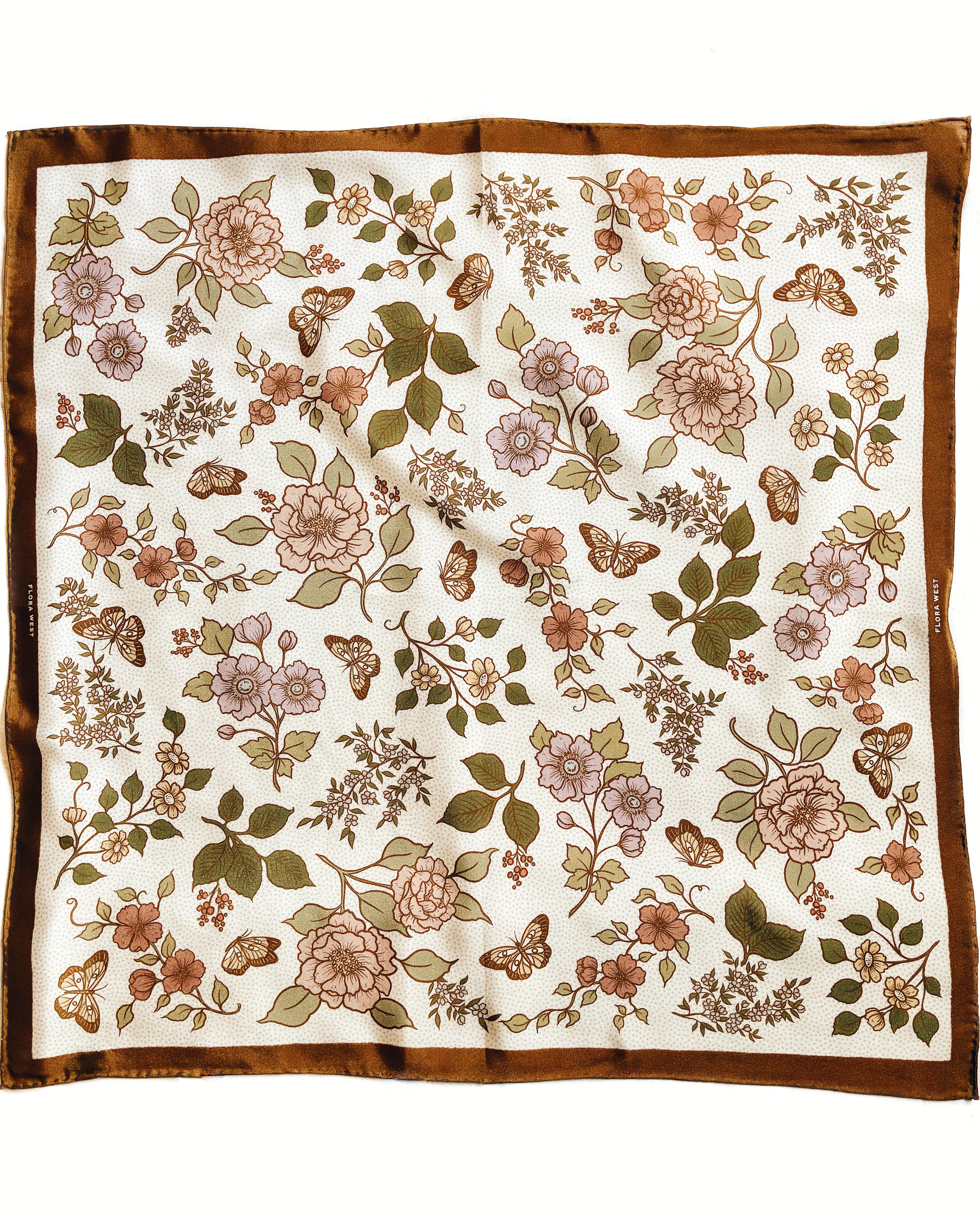 Flora West Design- 100% Silk Bandana Western Floral & Butterfly  – 23” Square