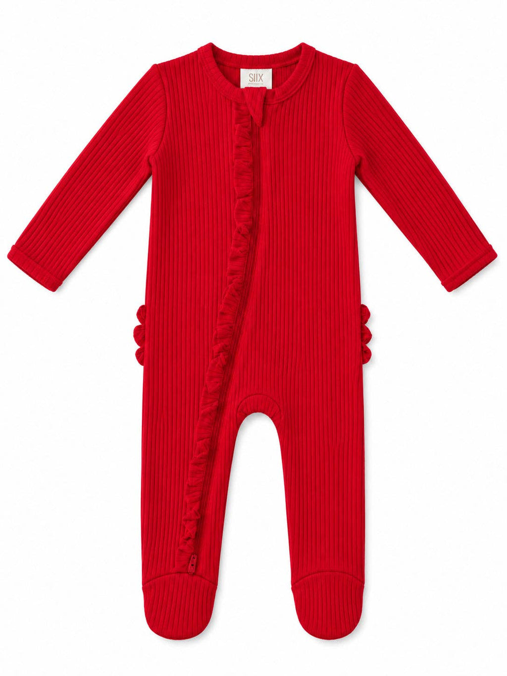 SIIX Collection- Red / Ribbed Frill 2-Way Zip Footie