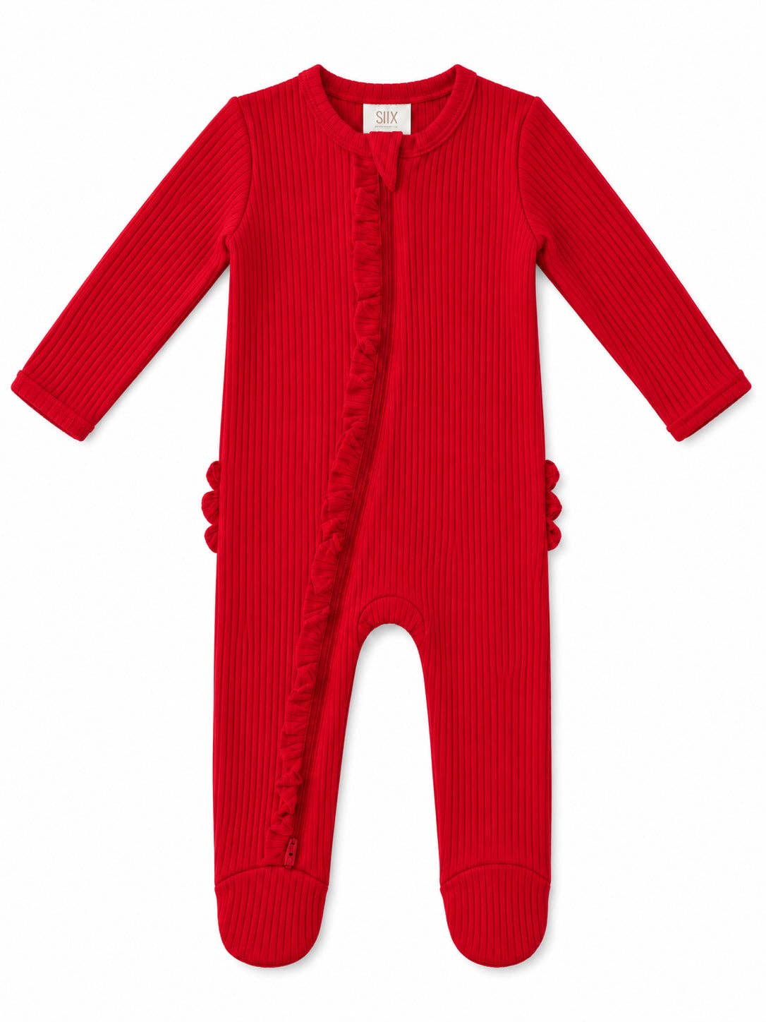 SIIX Collection- Red / Ribbed Frill 2-Way Zip Footie
