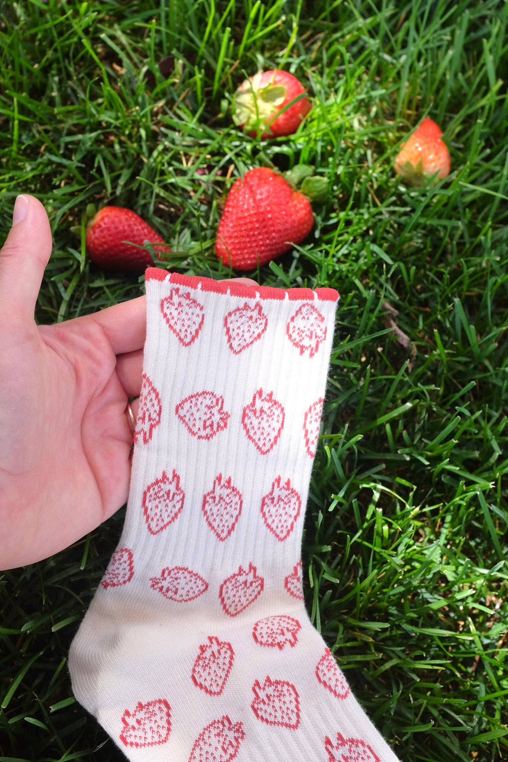 First Summer- Cream Red Strawberry Print Vintage Ruffle Crew Socks