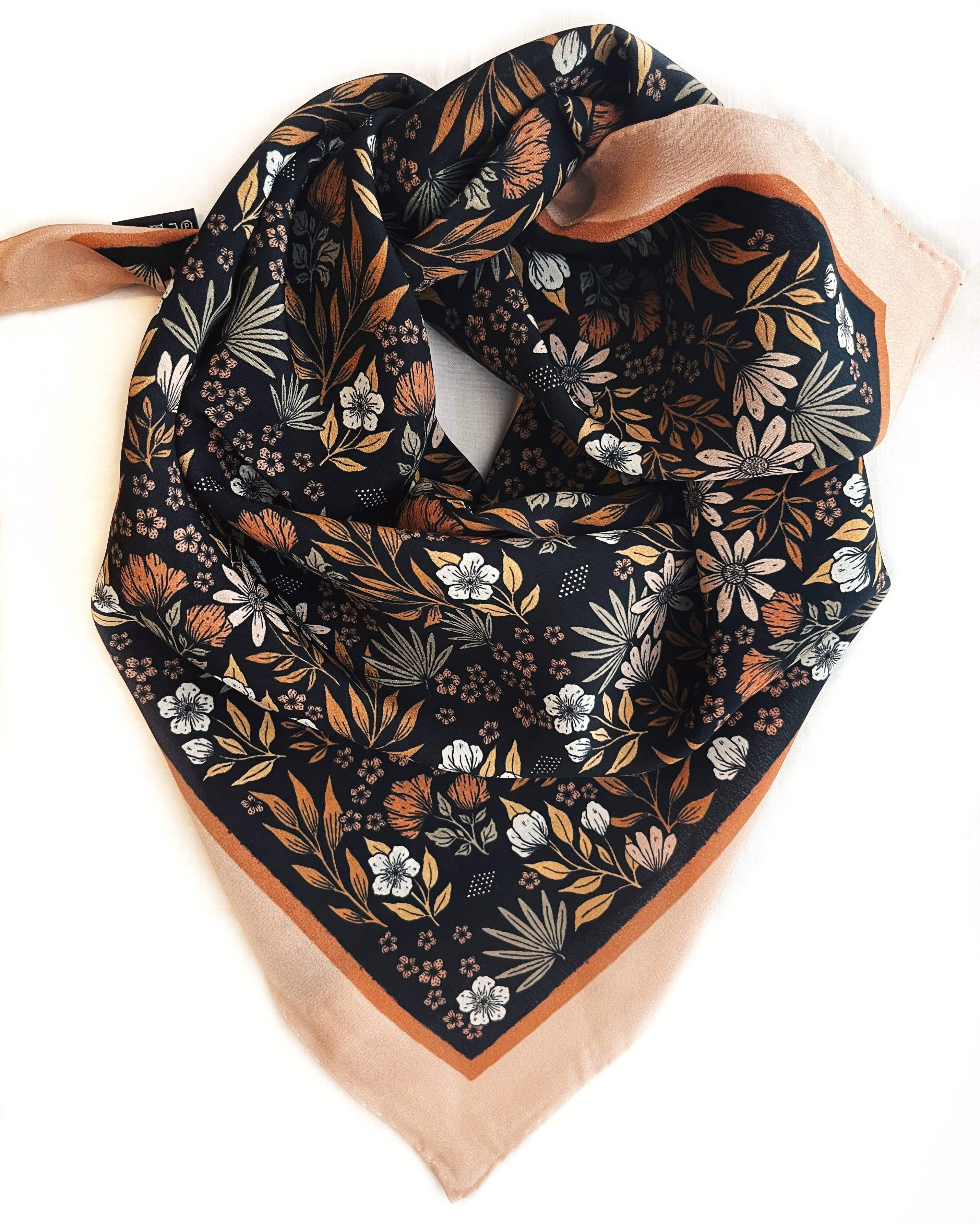 Flora West Design- 100% Silk Bandana Scarf -Midnight Garden Floral Western Wear