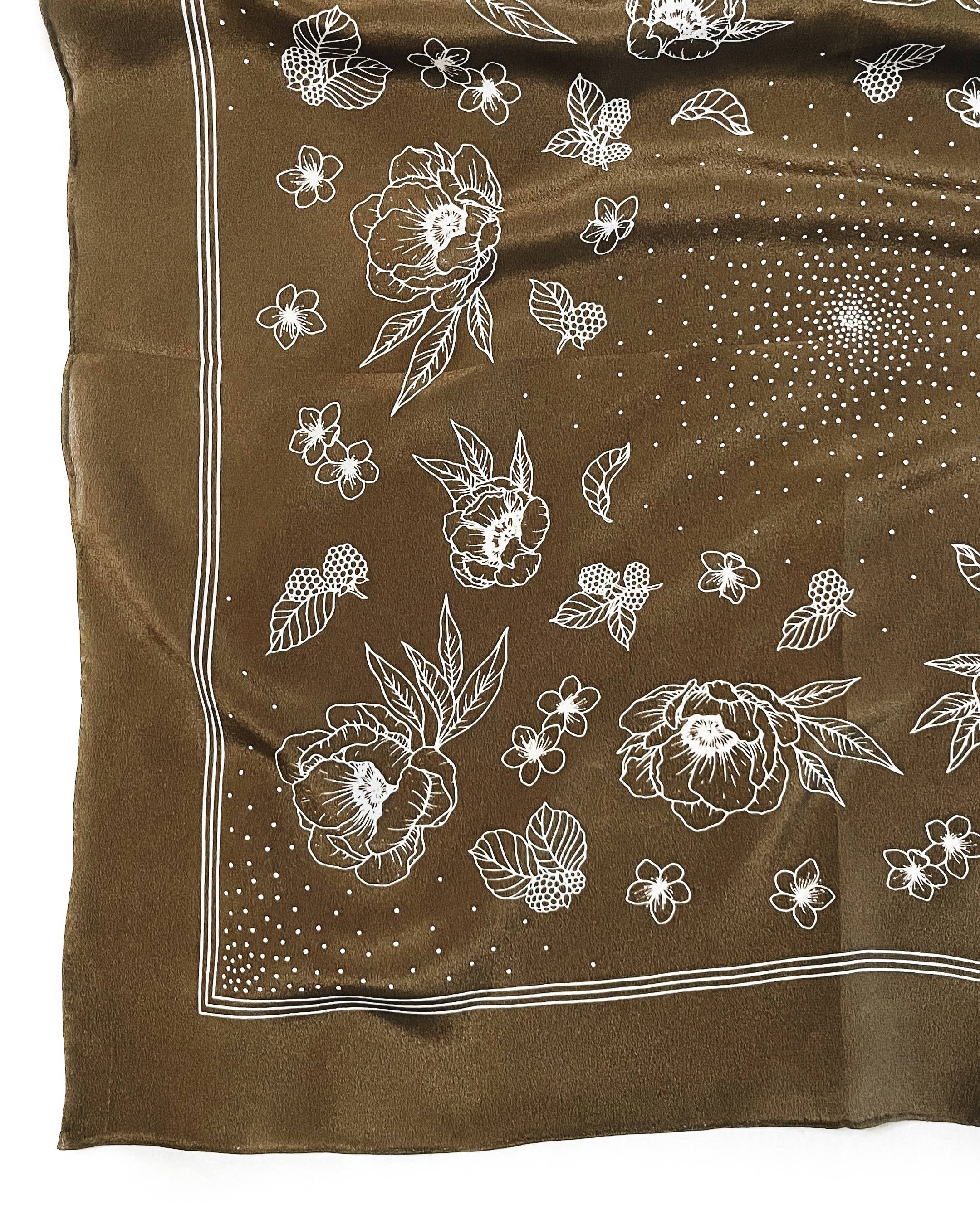 Flora West Design- 100% Silk Bandana Scarf - Classic Deep Olive Floral Western