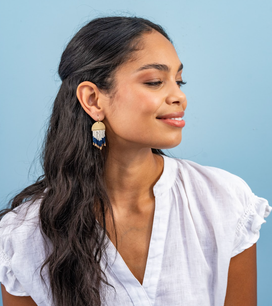 INK + ALLOY- Claudia Curved Pattern Short Beaded Fringe Earrings Navy Wholesale