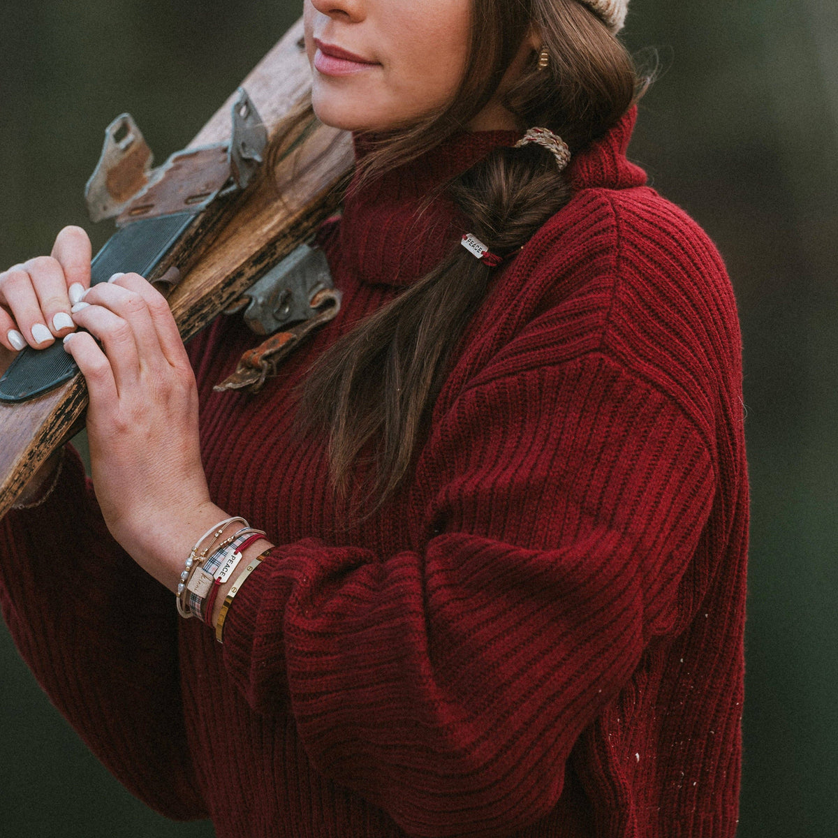 K'lani- "Peace" Holiday Red & Cream Plaid with Gold Accents Hair Tie Bracelets