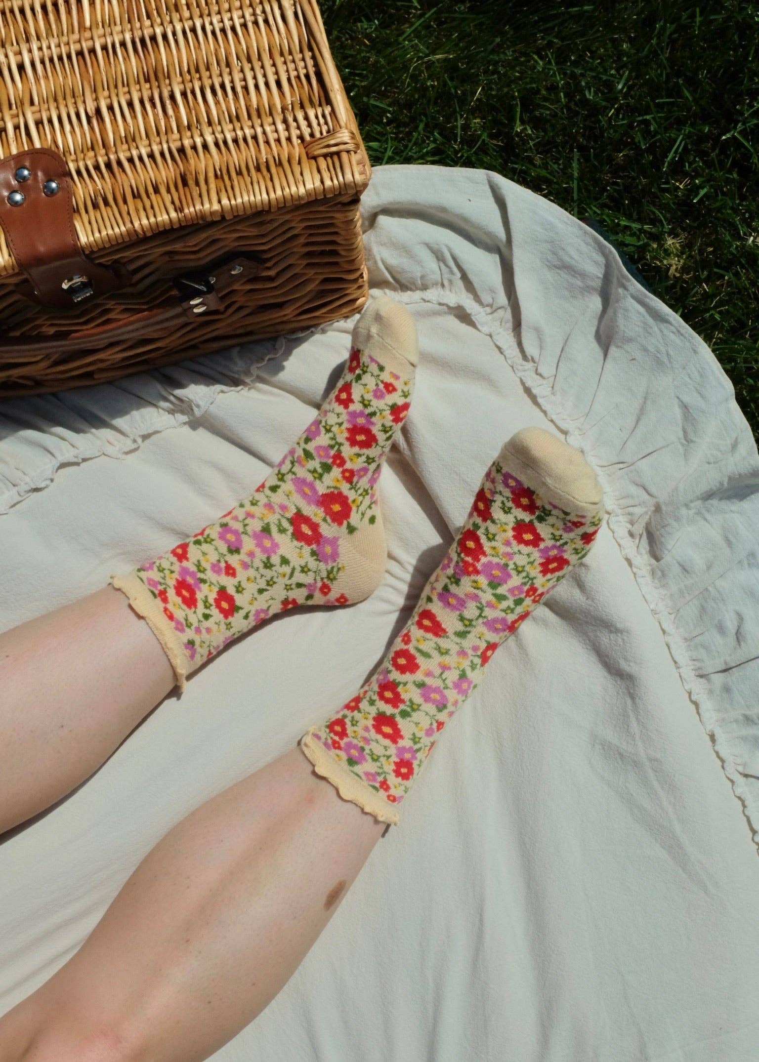 First Summer- Floral Print Ruffle Crew Socks