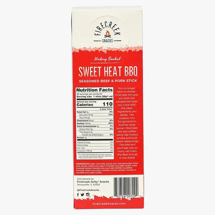 FireCreek Snacks- Sweet Heat BBQ Beef & Pork Meat Sticks - 20ct Protein Snacks