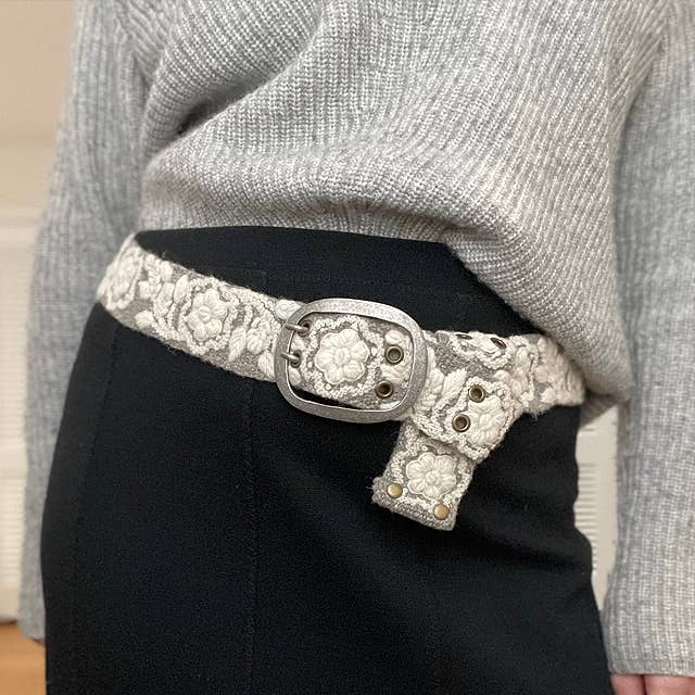 Jenny Krauss- Two-Tone Embroidered Wool Belt, Heather/Cream