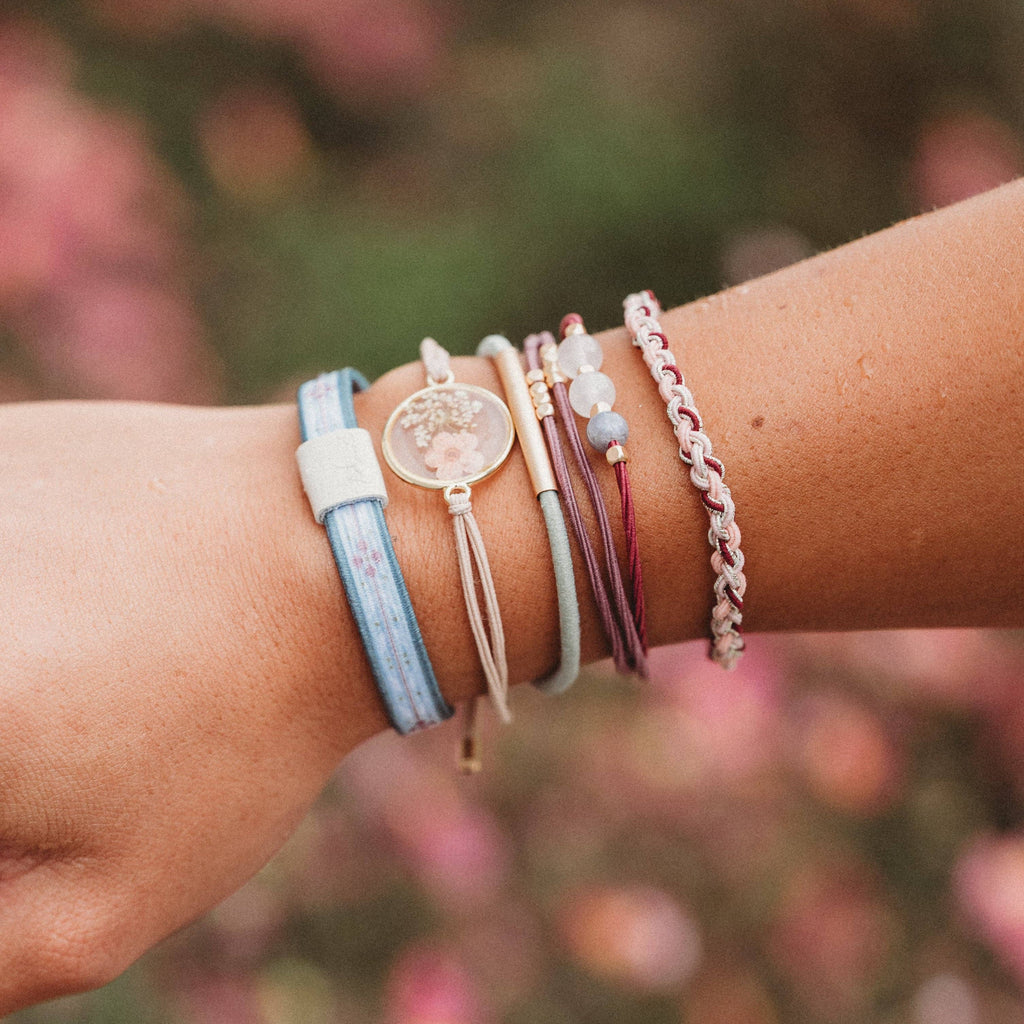 K'lani- "Bloom" Maroon and Pink with Pressed Flowers Hair Tie Bracelets