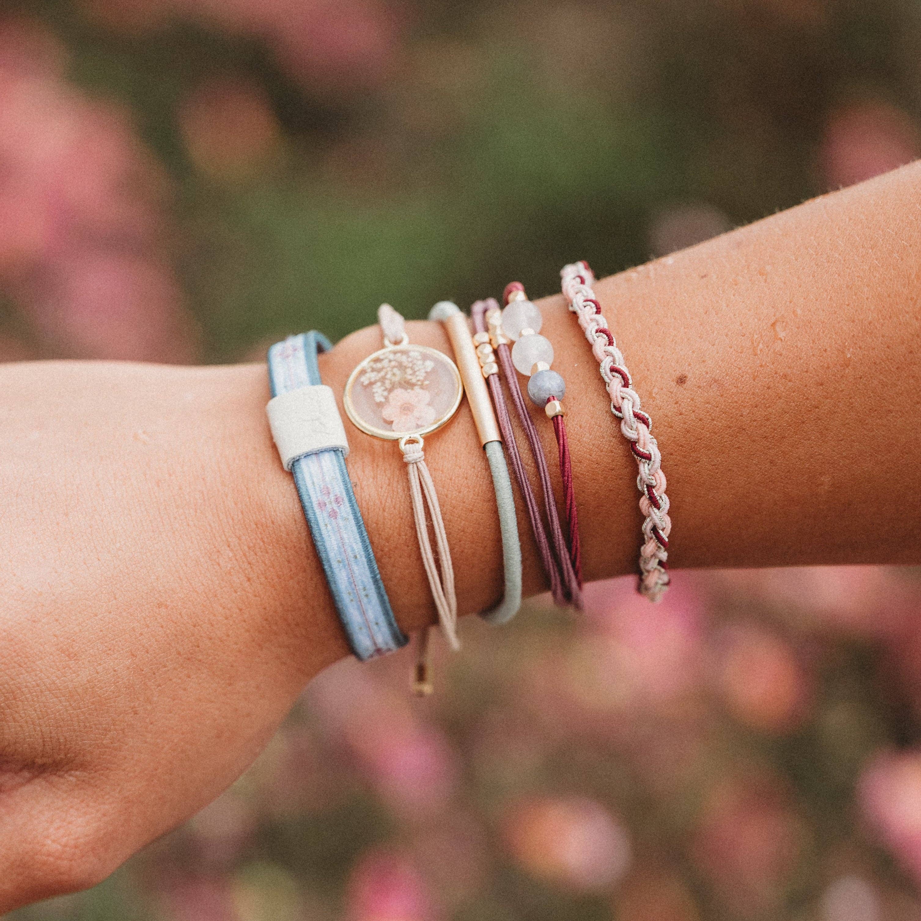 K'lani- "Bloom" Maroon and Pink with Pressed Flowers Hair Tie Bracelets