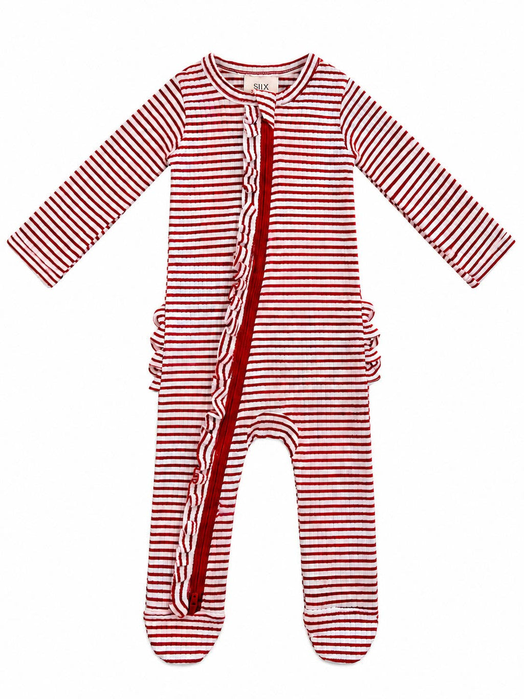 SIIX Collection- Red Stripe / Ribbed Frill 2-Way Zip Footie