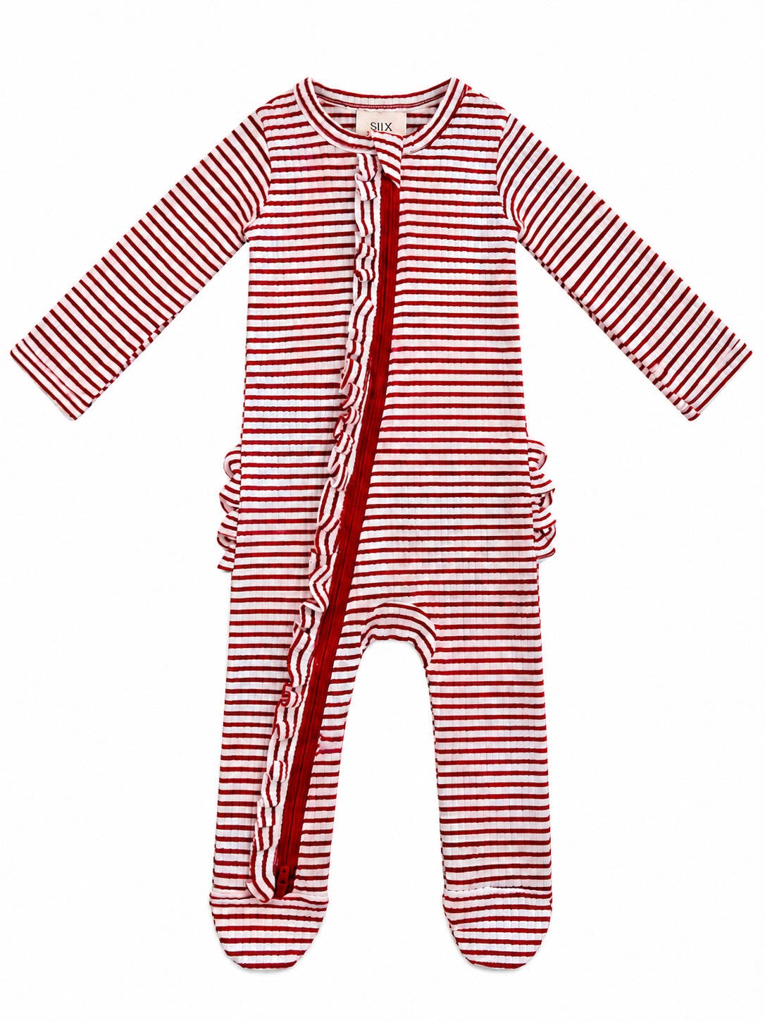 SIIX Collection- Red Stripe / Ribbed Frill 2-Way Zip Footie