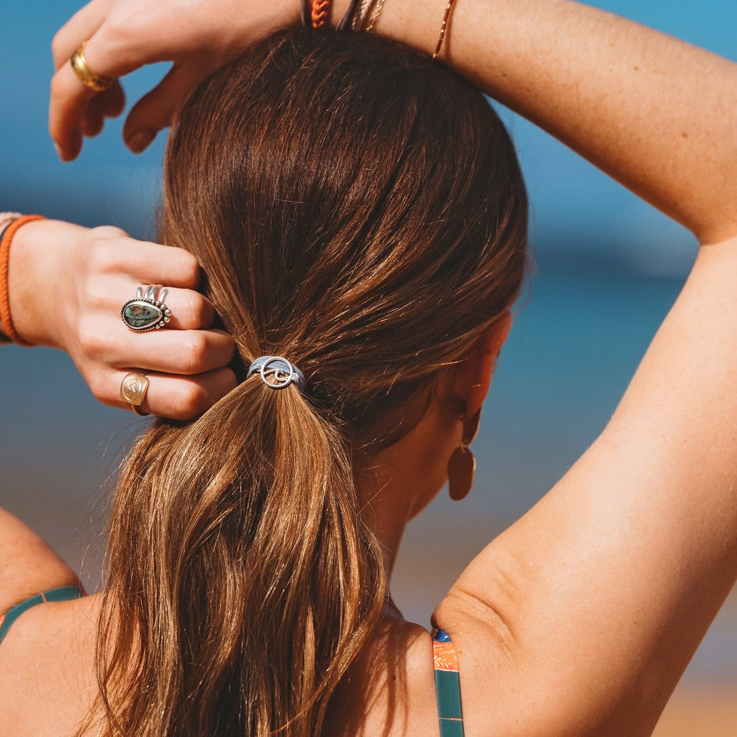 K'lani- "Celebrate" Blues and Corals With Silver Wave Charm Hair Tie Bracelets