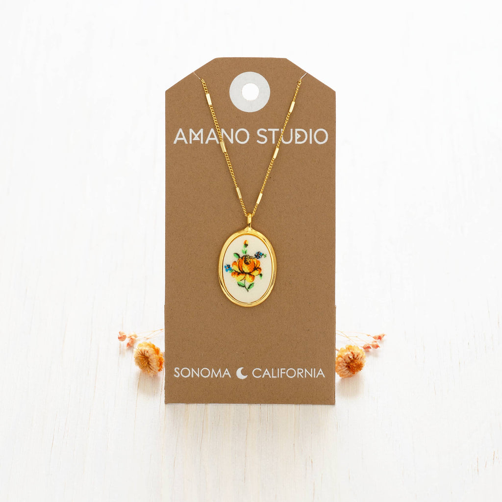 Amano Studio- Needlepoint Yellow Flower Vintage Cameo Necklace