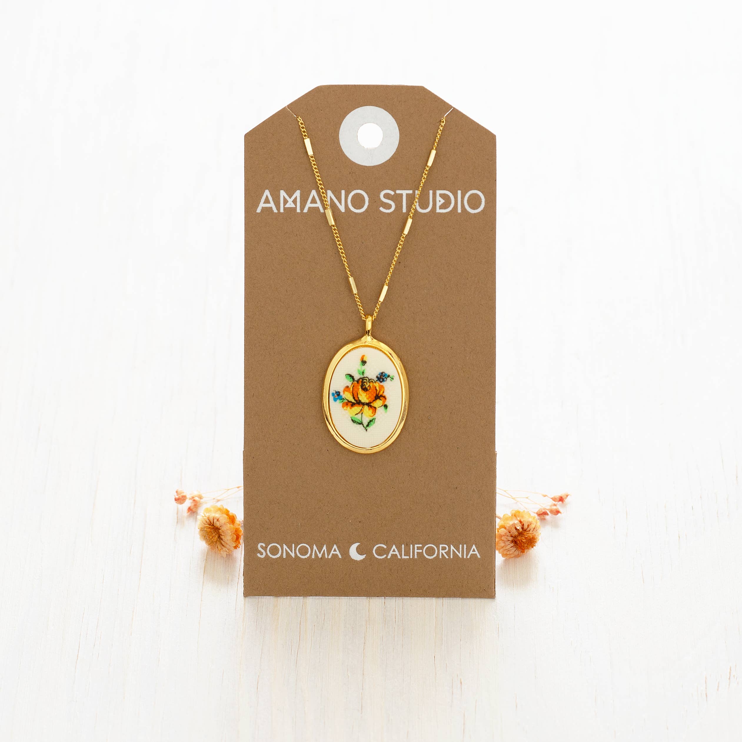Amano Studio- Needlepoint Yellow Flower Vintage Cameo Necklace