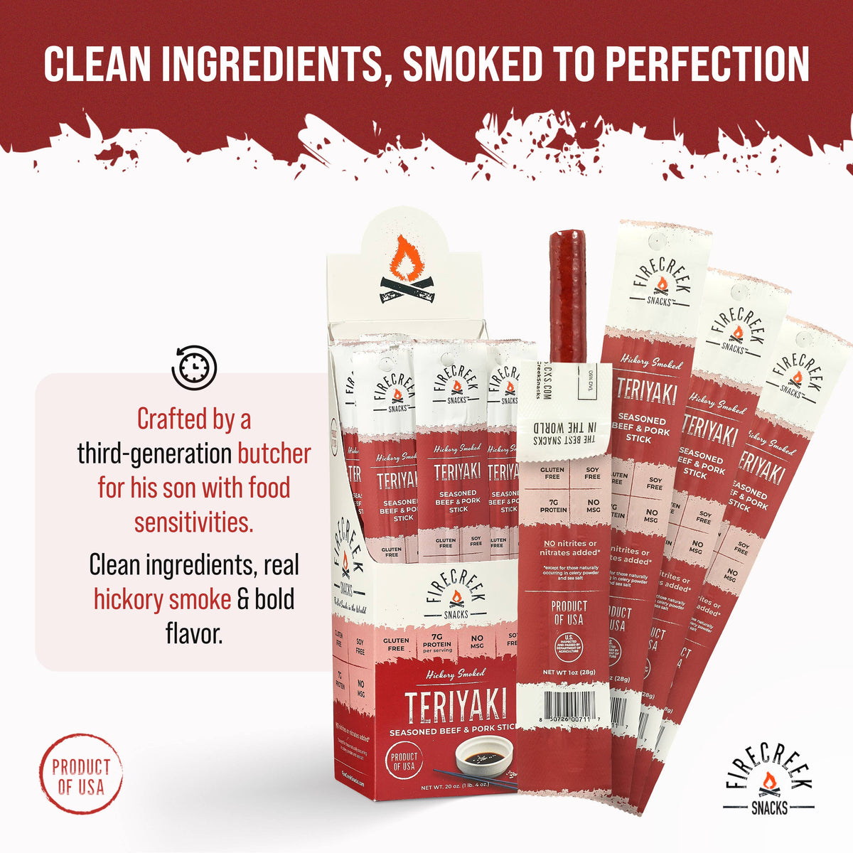 FireCreek Snacks- Teriyaki Beef & Pork Meat Sticks - 20ct Beef Jerky Snacks