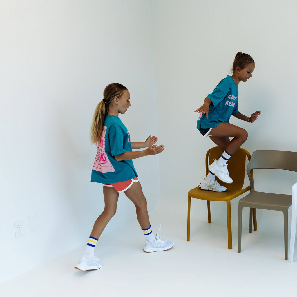Minimalist Folk Co.- Cool Kids Read Books | TEAL + PINK| OVERSIZED KIDS TEE